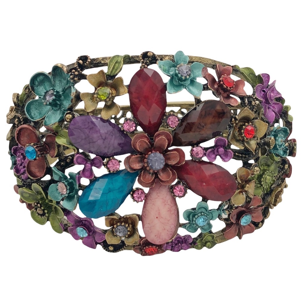 Multicolor Flower Large Statement Burnished Hinged Bangle Bracelet